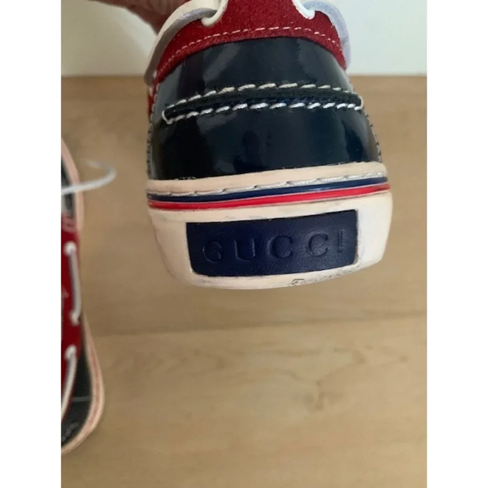 Gucci Mens Boat Shoes 232417 Red White Navy Patent Leather Suede Deck Shoes 9.5